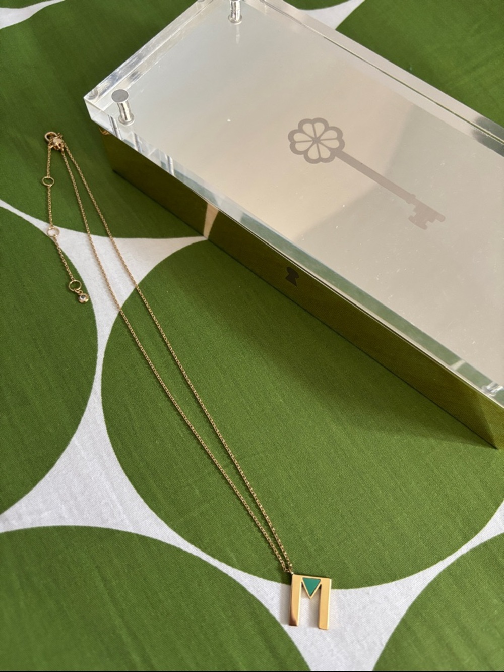 kate spade Truly Yours ‘M’ Gold Pendant Necklace with Green Enamel Accent